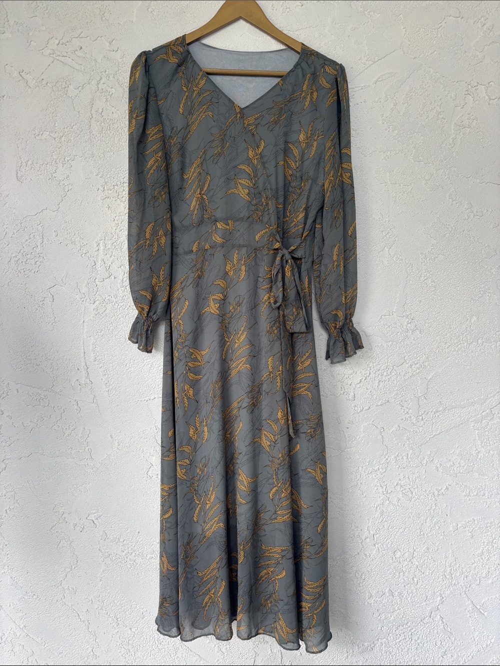 Elegant Gray Wrap Midi Dress with Mustard Leaf Print